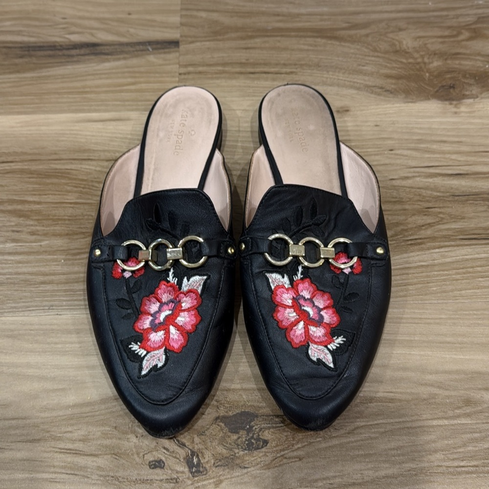 Kate Spade Black Mules with Red Floral Embroidery Size 8.5